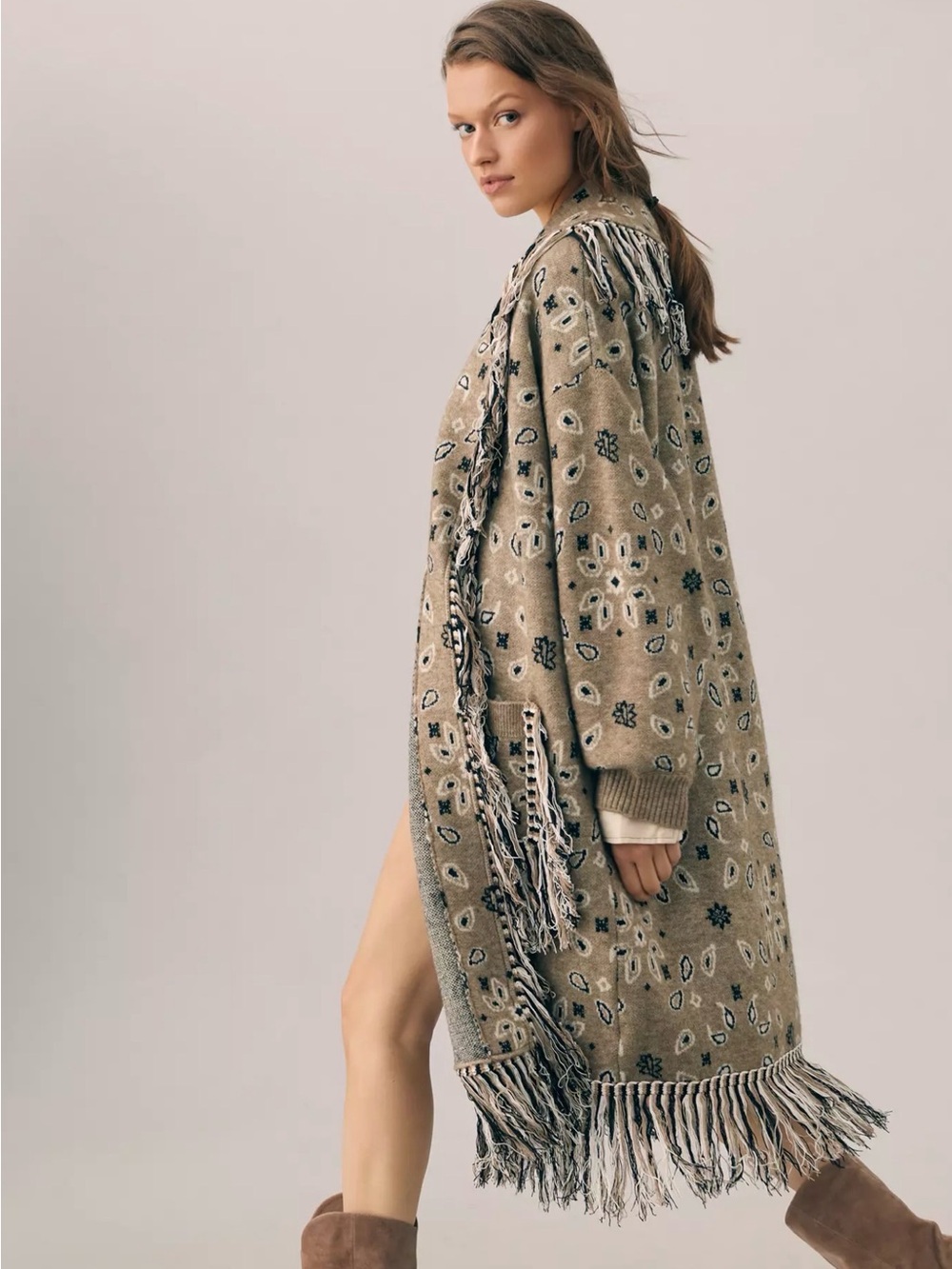 Anthropologie fringed bandana oversized cardigan sweater coat w/ pockets